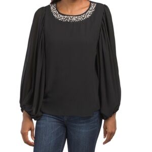 CeCe Pearl Embellished Neckline Balloon Sleeve Blouse Black Small NWT $89